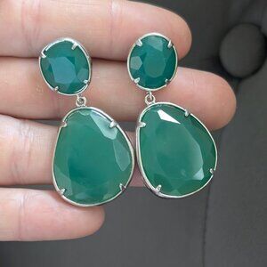 Statement Green Gemstone Drop Earrings with Silver Metal Trim